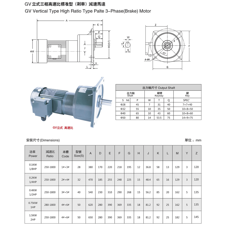 GV立式三相高速比标准型减速马达参数