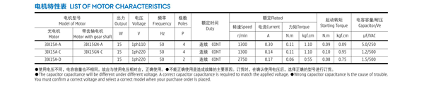 15W微型电机特性表参照图