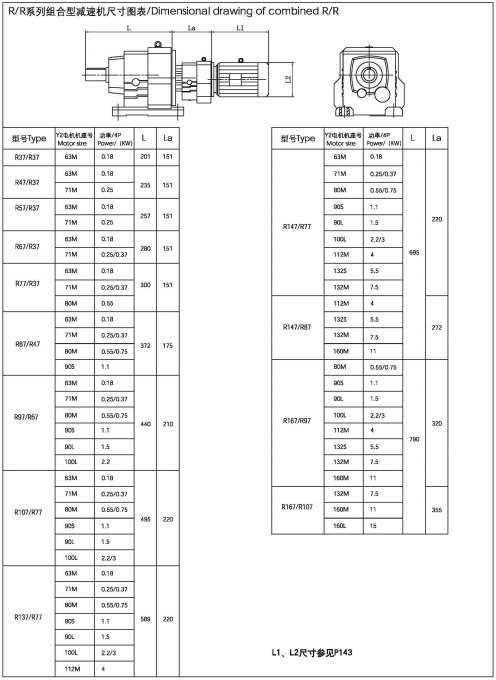 R/R系列组合型减速机尺寸图表